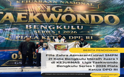 Filia Zahra Asmaranti, Siswi SMPN 21 Kota Bengkulu Raih Juara 1 di Kejurnas Liga Taekwondo Bengkulu Series 1 2026